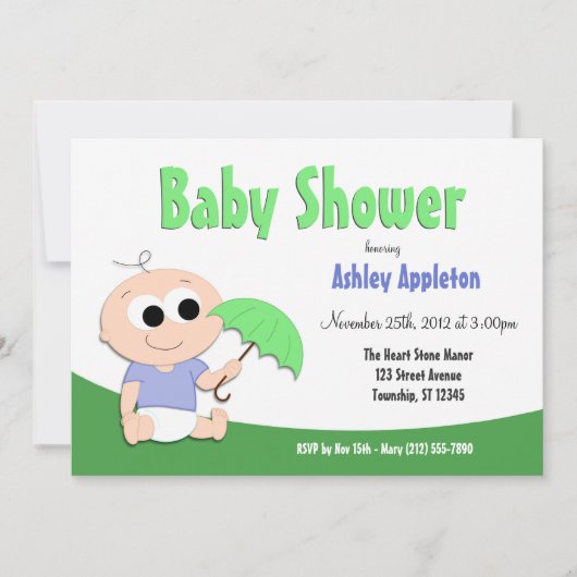 Parapluie Bébé Vert & Bleu - Invitations de douche (Devant)