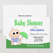 Parapluie Bébé Vert & Bleu - Invitations de douche (Devant / Derrière)