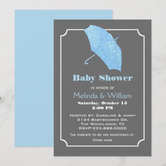 Parapluie bleu Baby shower élégant Invitation (Devant / Derrière)