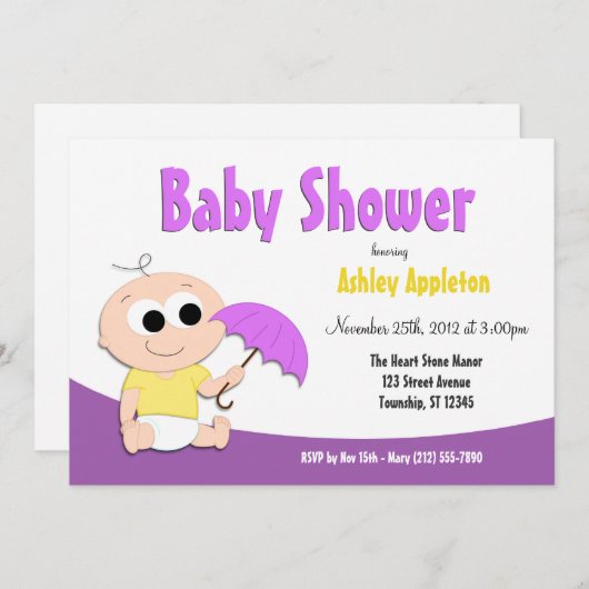 Parapluie pour bébé pourpre et jaune - Invitations (Devant / Derrière)