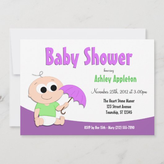 Parapluie pour bébé violet et vert - Invitations d (Devant)