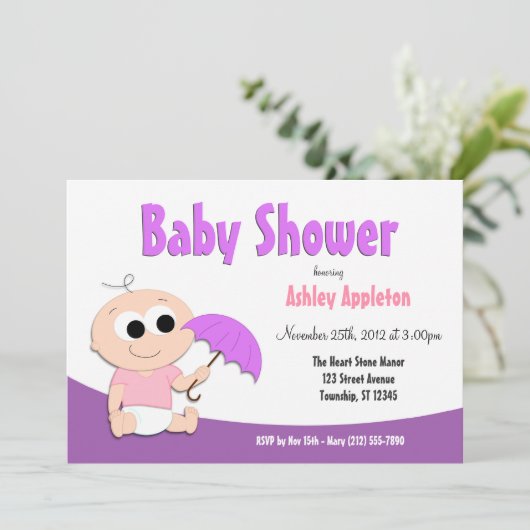 Parapluie pourpre pour bébé - Invitations de douch (Debout devant)