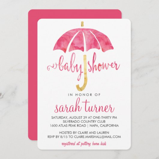 Parapluie rose Fille bébé Douche Invitations (Devant / Derrière)
