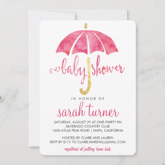 Parapluie rose Fille bébé Douche Invitations (Devant)