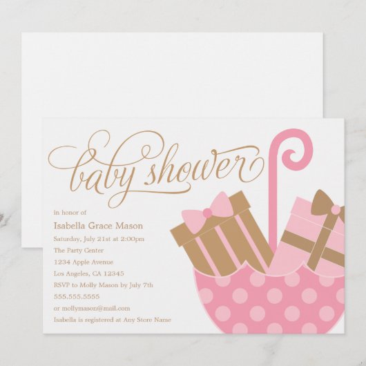 Parapluie rose | Invitation baby shower (Devant / Derrière)