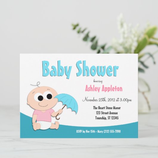 Parapluie turquoise pour bébé - Invitations de dou (Debout devant)