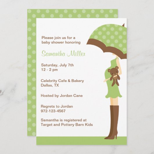 Parapluie vert Baby Shower Invitations (Devant / Derrière)