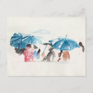 Parapluies bleues Aquarelles originales Carte post