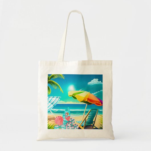 Paraplu's, surfplanken en bomen op het strand tote bag (Voorkant)