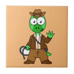 Parasaurolophus verkleed als Indiana Jones. Tegeltje