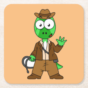 Parasaurolophus verkleed als Indiana Jones. Vierkante Kartonnen Onderzetter