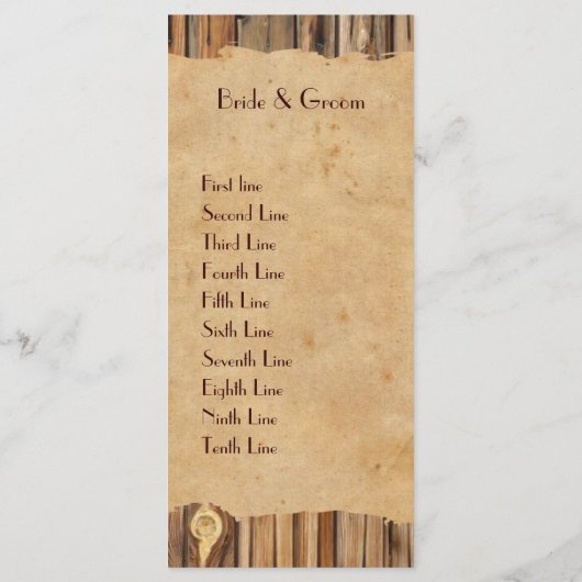 Parchemin de bois Mariage campagnard rustique Menu (Dos)