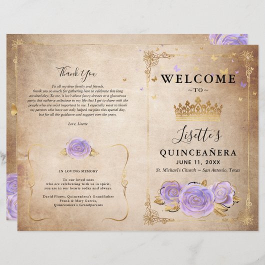 Parchemin d'or violet clair Quinceanera Programme (Devant / Derrière)