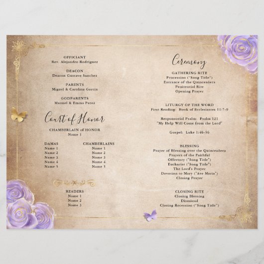 Parchemin d'or violet clair Quinceanera Programme (Dos)