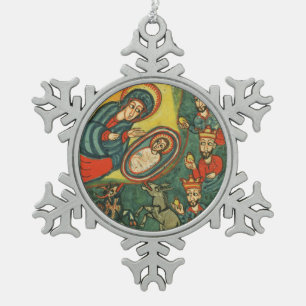 PARCHMENT NATIVITEIT CHRISTMAS , ADORATIE VAN MAGI TIN SNEEUWVLOK ORNAMENT