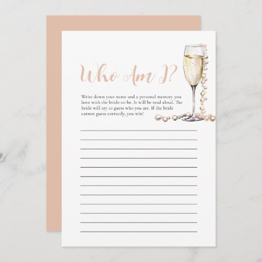 Parel en Prosecco Wie Ben Ik Bruiloftsspel Kaart (Voorkant / Achterkant)