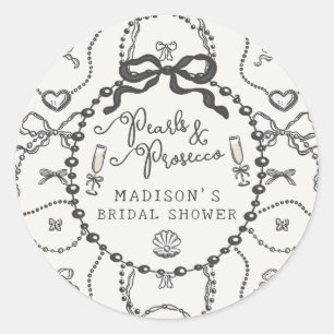 Parel & Prosecco Zwarte Strik Bruidsfeest Favoriet Ronde Sticker