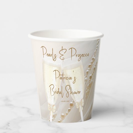 Parelmoer en Prosecco Moderne Elegante Bruidsborre Papieren Bekers (Voorkant)