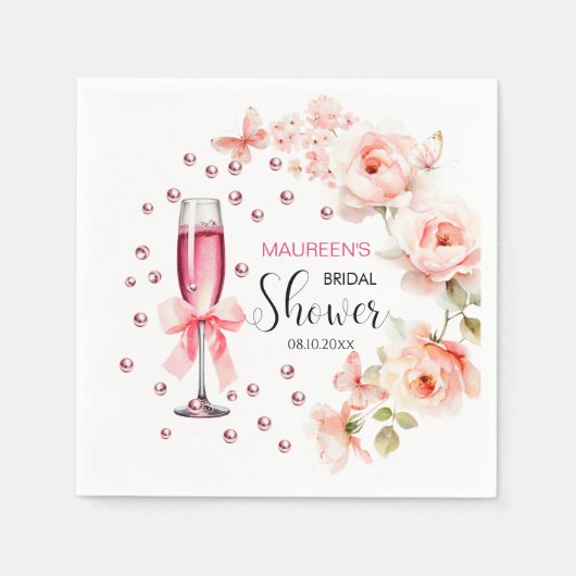 Parelmoer en Prosecco Stof Roze Rozen Bruidsuitnod Servet (Voorkant)