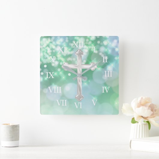 Parelmoerkruis met Aqua Glans Vierkante Klok (Huis)