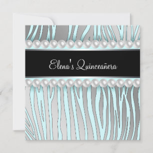 Parels Blauwgroen Blauw Zebra Quinceanera Uitnodig Kaart