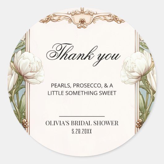 Parels en bloemige Prosecco Bruidsmeisjesfeest Bed Ronde Sticker (Voorkant)