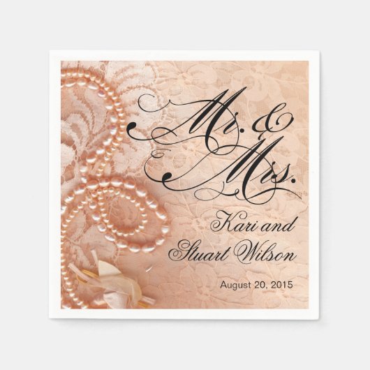Parels en kant Mr. & Mrs. | peach Servetten (Voorkant)