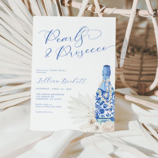Parels en Prosecco Blue Script Vrijgezellenfeest Kaart