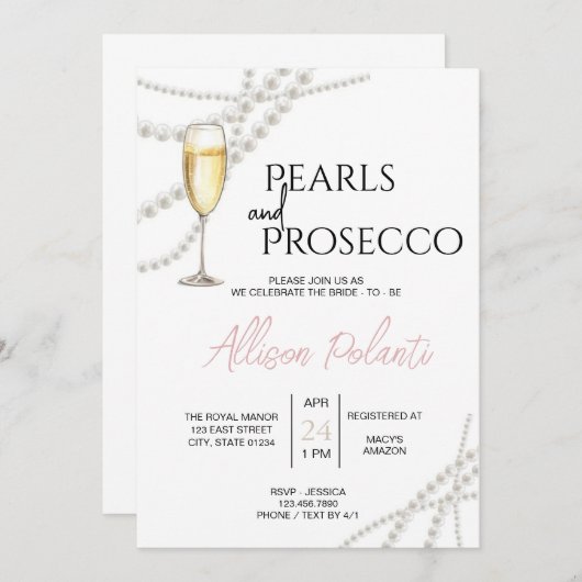 Parels en Prosecco Bridal Shower Uitnodiging (Voorkant / Achterkant)