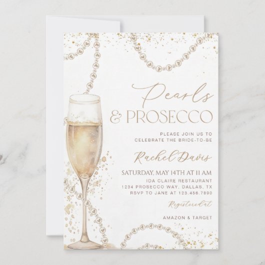 Parels en Prosecco bruidsdouche uitnodiging, peer Kaart (Voorkant)