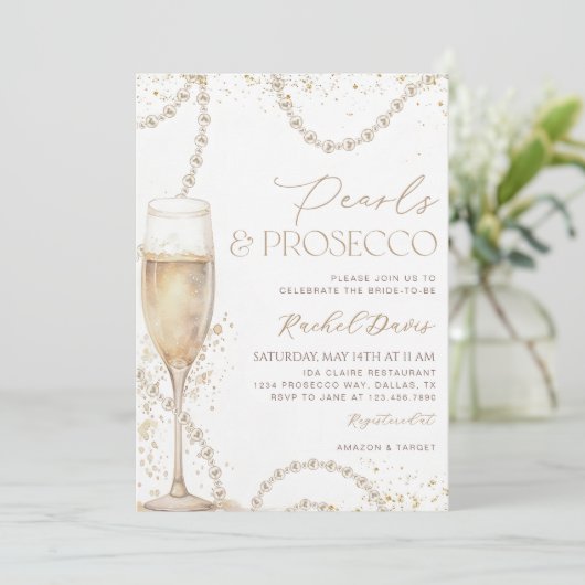 Parels en Prosecco bruidsdouche uitnodiging, peer Kaart (Staand voorkant)