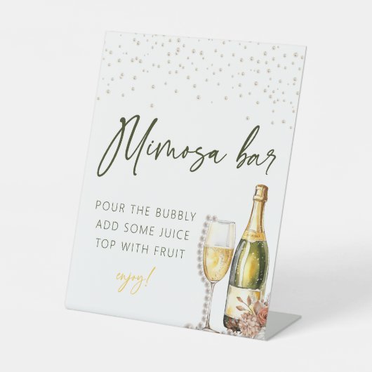 Parels en Prosecco Mimosa Bar Vrijgezellenfeest Reclamebord Met Voetstuk (Voorkant)