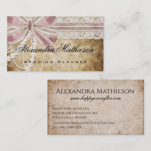 parels en roze lintbord visitekaartje (Voorkant / Achterkant)