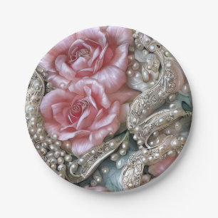 parels en roze rozenpatroon papieren bordje