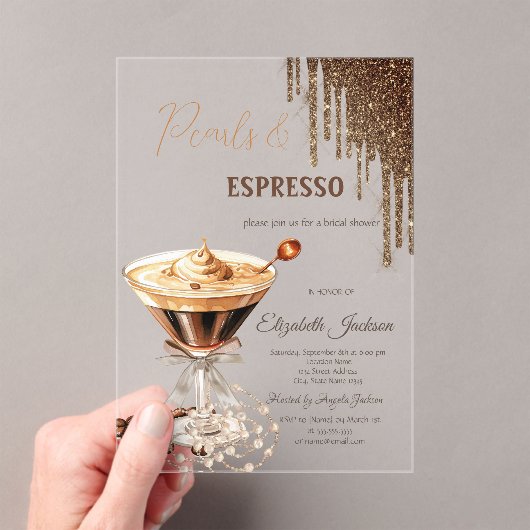 Parels Espresso Glitter Drips Acryl Uitnodigingen (Insitu (Draagbaar))