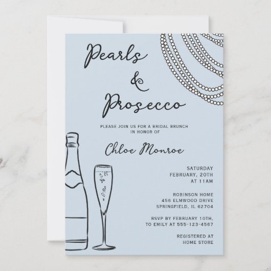 Parels & Prosecco Modern Dusty Blue Bruids Brunch Kaart (Voorkant)