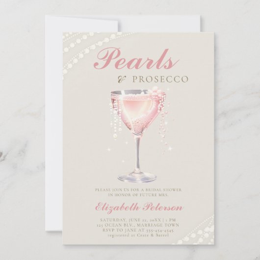 Parels Prosecco Roze Bruisende Ivoor Bruidsdouche Kaart (Voorkant)