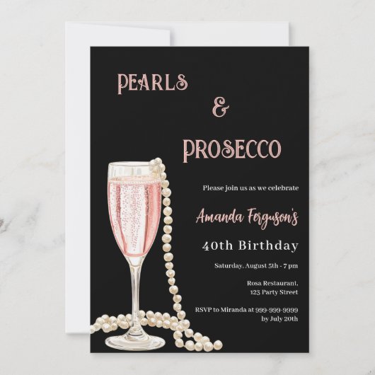 Parels Prosecco zwart roze verjaardag Kaart (Voorkant)