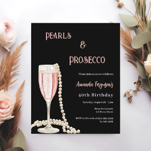 Parels Prosecco zwart roze verjaardagsuitnodiging