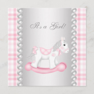 Parels Roze Gingham Schommelend Paard Meisje Baby Kaart