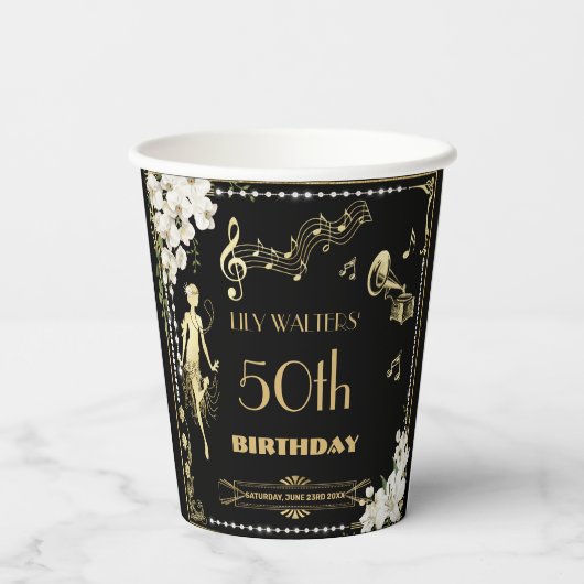 Parels Witte Bloemen Art Deco Gatsby 20s Verjaarda Papieren Bekers (Achterkant)