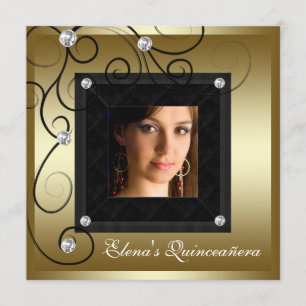 Parels Zwart Gouden Foto Quinceanera Uitnodigingen