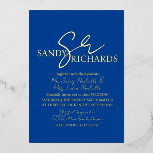 Paren Monogrammed Blue Gold Wedding Folie Uitnodiging (Voorkant)