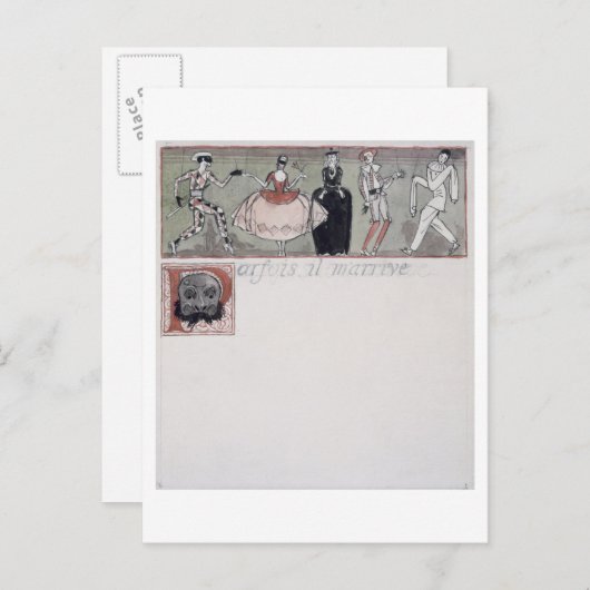 "Parfois il m'arrière" (inkt en w/c op papier) Briefkaart (Voorkant / Achterkant)