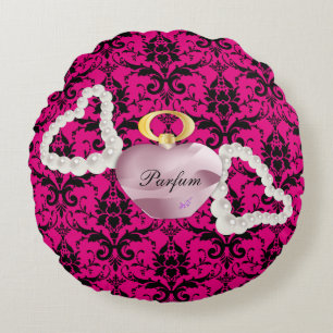 Parfum et perles Coussin rond rose Damas