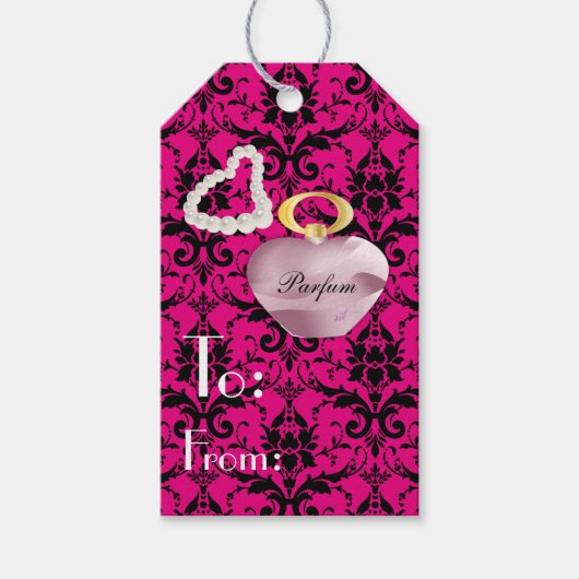 Parfum & Pearls Roze & Zwart Damask Cadeau Label Cadeaulabel (Voorkant)