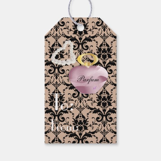 Parfum & Pearls Taupe & Black Damask Gift Label Cadeaulabel (Voorkant)