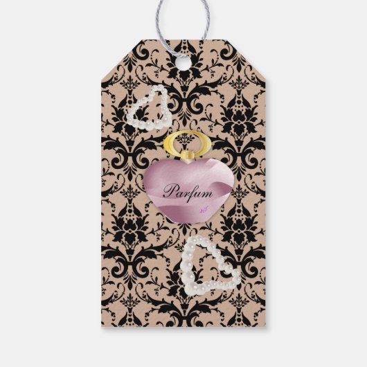 Parfum & Pearls Taupe & Black Damask Gift Label Cadeaulabel (Achterkant)