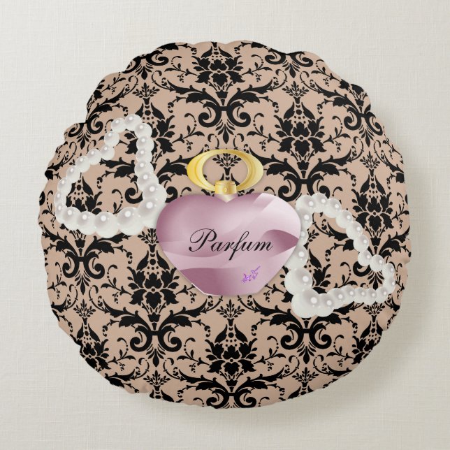 Parfum & Pearls Taupe Damask Round Pillow Rond Kussen (Voorkant)
