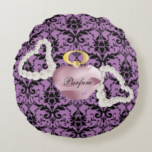 Parfum & perles Coussin rond pourpre damassé